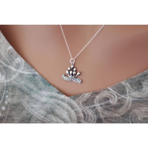 Sterling Silver Happy Birthday Balloon Necklace, Birthday Balloons Necklace - Picture 1 of 3